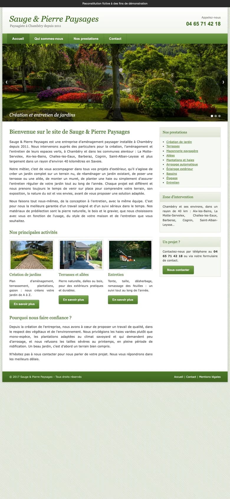 Avant : le site d'un paysagiste fictif, façon 2017 (reconstitution) : largeur fixe, longs paragraphes, peu de photos, illisible sur téléphone.